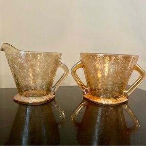 Vintage Jeanette Louisa Floragold Pressed Glass Creamer and Sugar Bowl